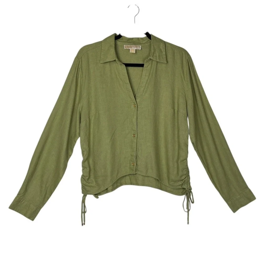 2025 Michael Michael Kors Womens Boxy Linen Blend Button Down Shirt Size L Green
